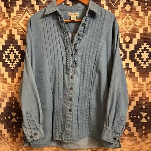 Women’s St John’s Bay Denim Ruffle Button Up, Size Large, 100% Cotton, Oversized